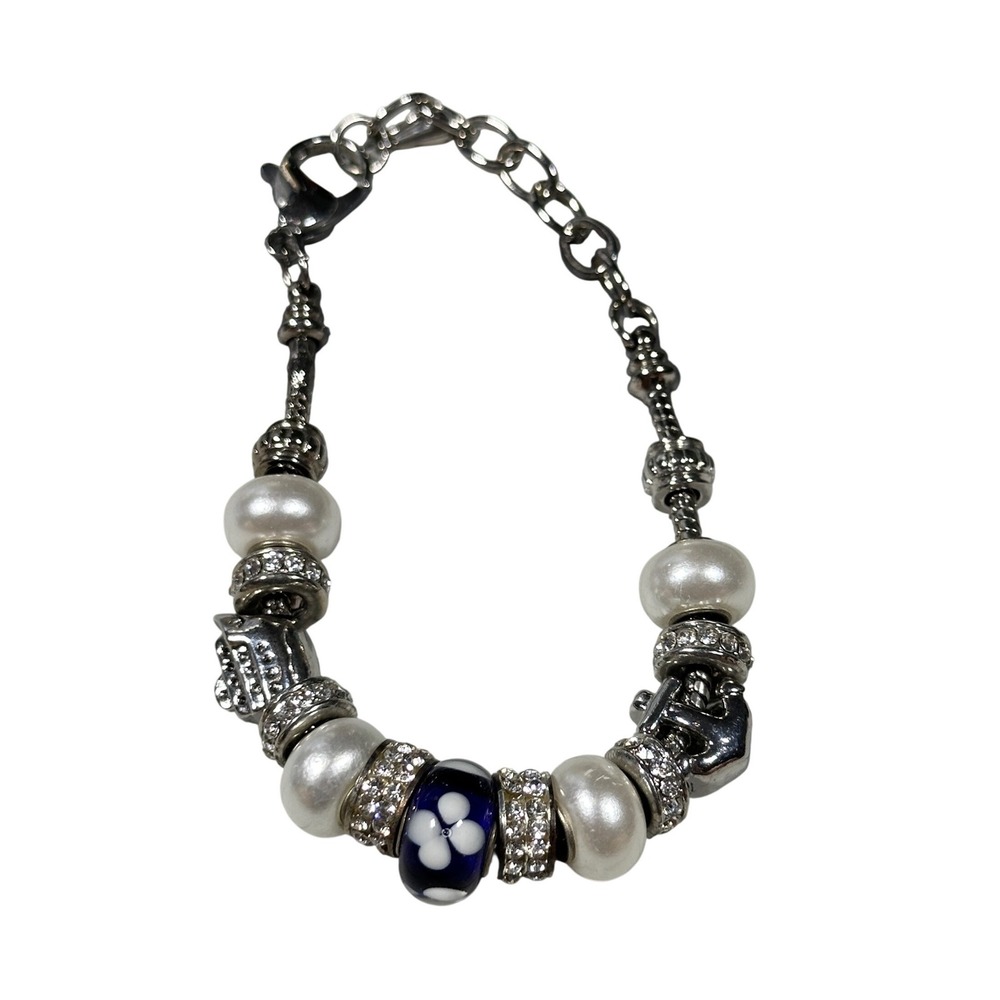 Nautical Charm Bracelet Silver Tone Anchor Cruise Ship Pearl Rhinestone Blue